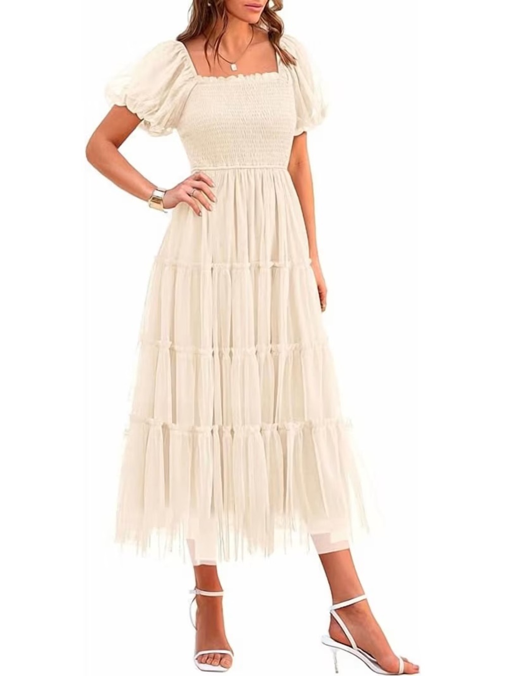 NWT – PRETTYGARDEN Tulle Smocked Puff Sleeve Maxi Dress – Cream – Small